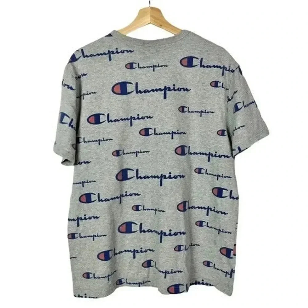 Champion Gray All Over Graphic Logo Crew Neck T-Shirt L - Picture 3 of 4